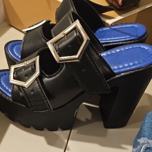 Chic Black Mules with Blue Insole and Buckle Accents